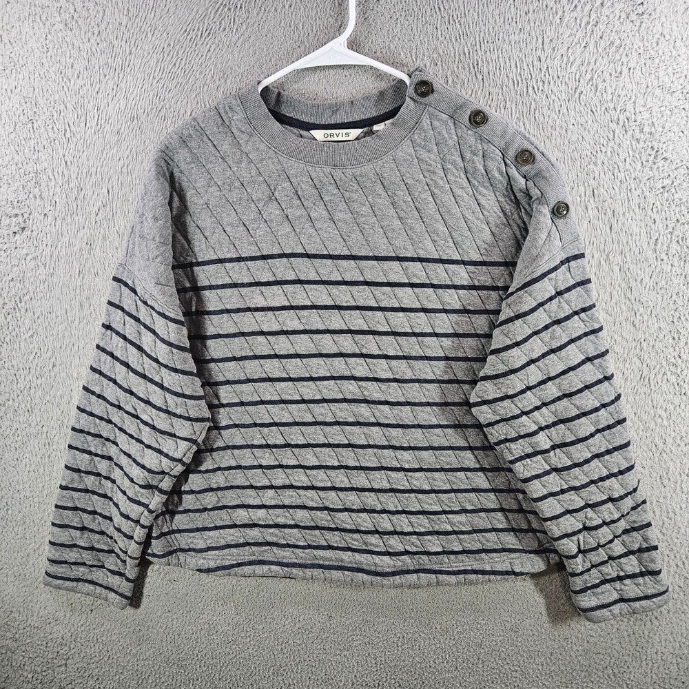 Orvis Women Quilted Shoulder Button Sweatshirt Gray Navy Striped XL